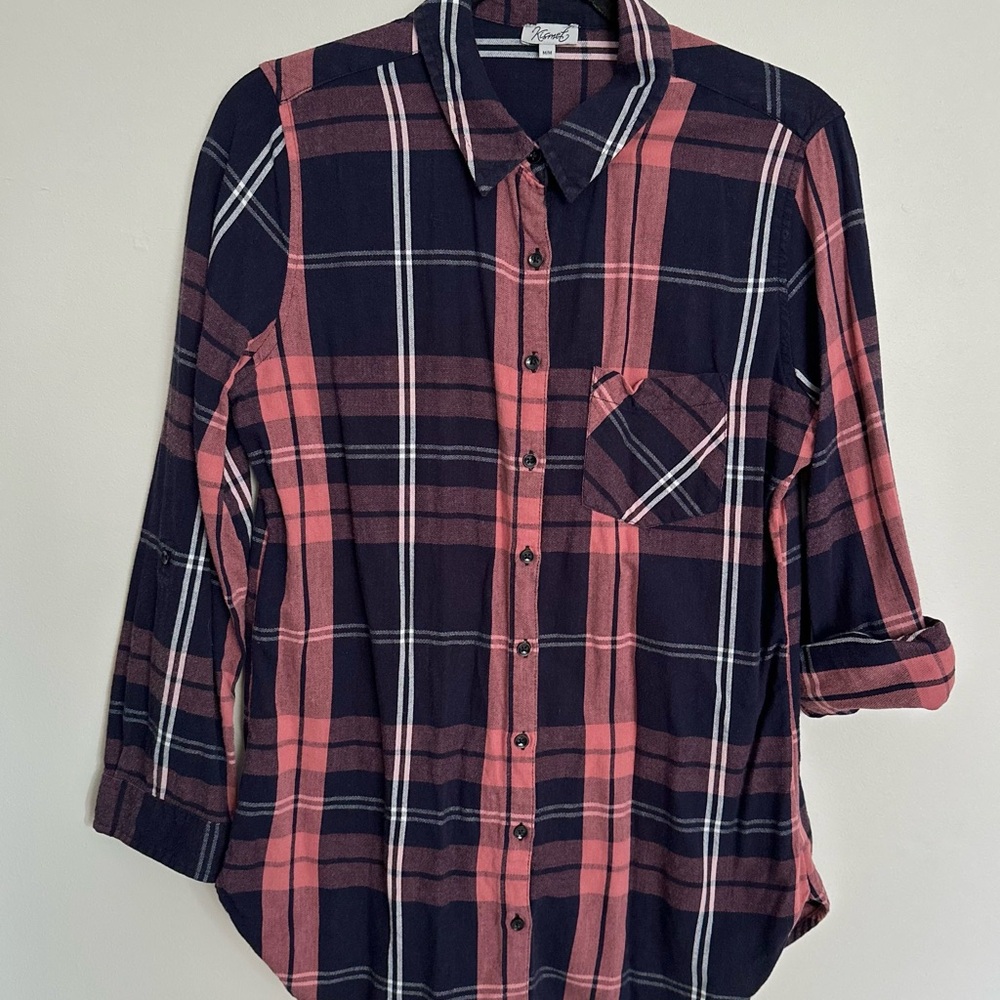 Kismet Ladies Pink & Navy Plaid Button-down Long Shirt M